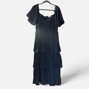 blue satin ruffle formal dress